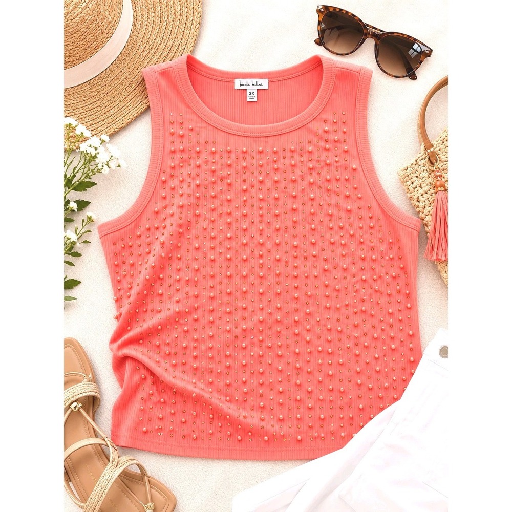 Plus Size 3X Coral Ribbed Tank Top Pearl Rhinestone Sleeveless Coquette Y2K